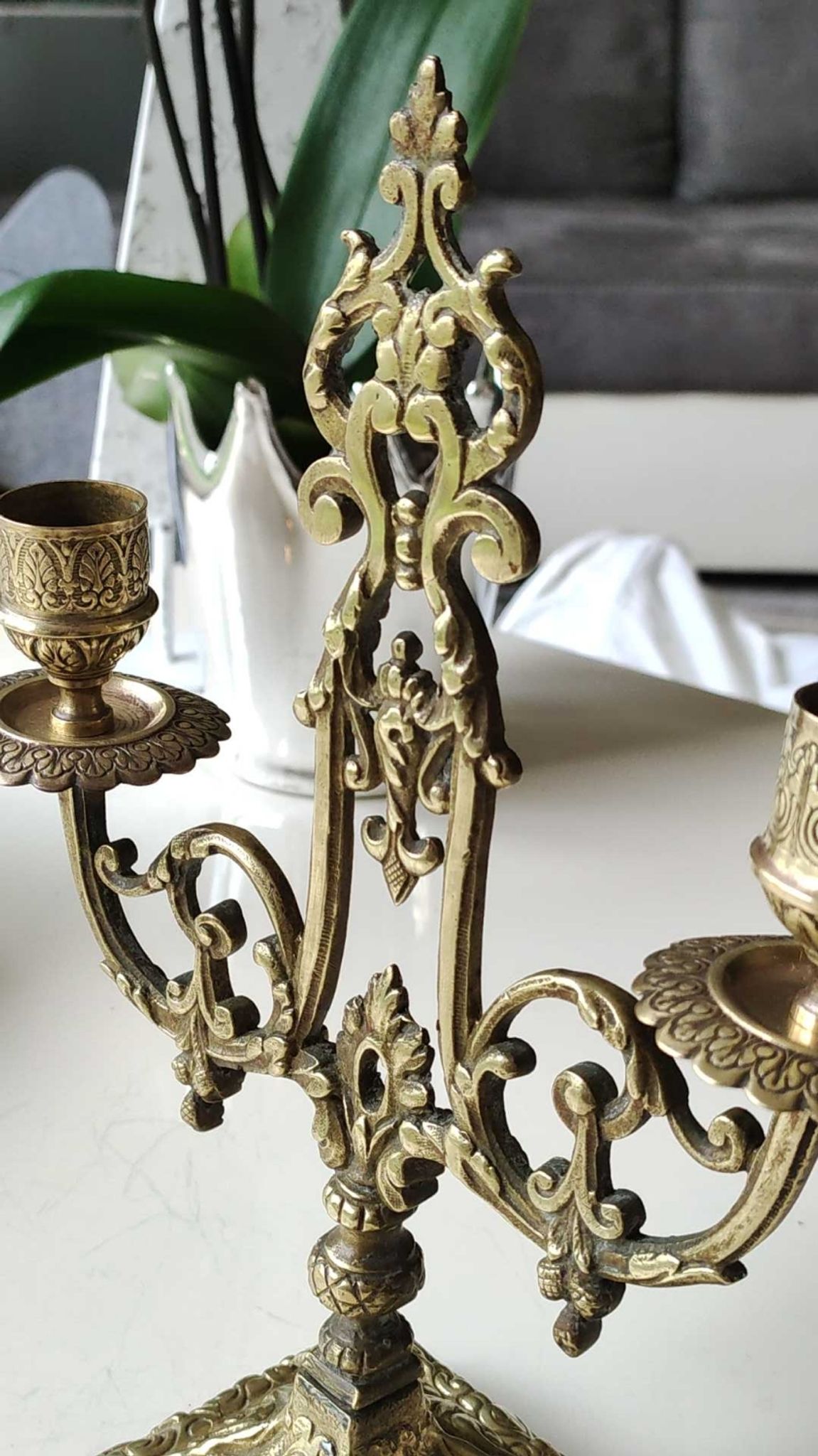Altar candlestick with 2 branches, napoleon iii style, bronze patina old gold