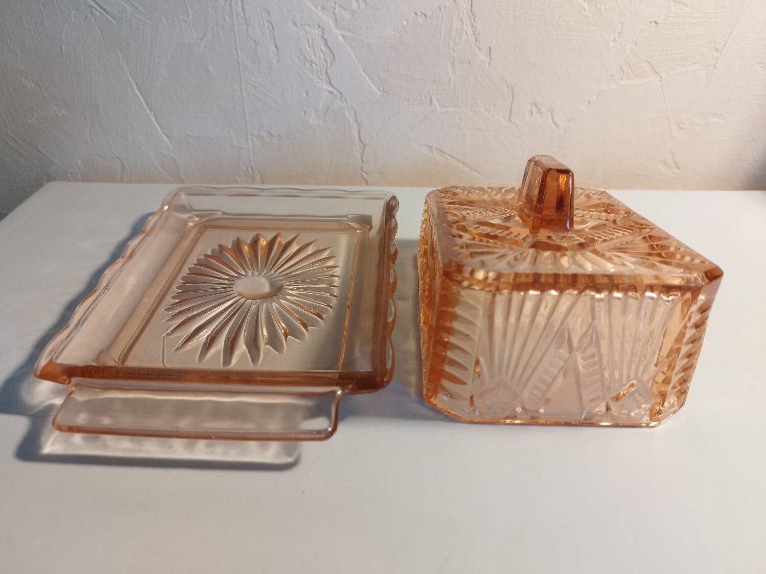 Pink glass butter dish