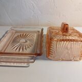 Pink glass butter dish