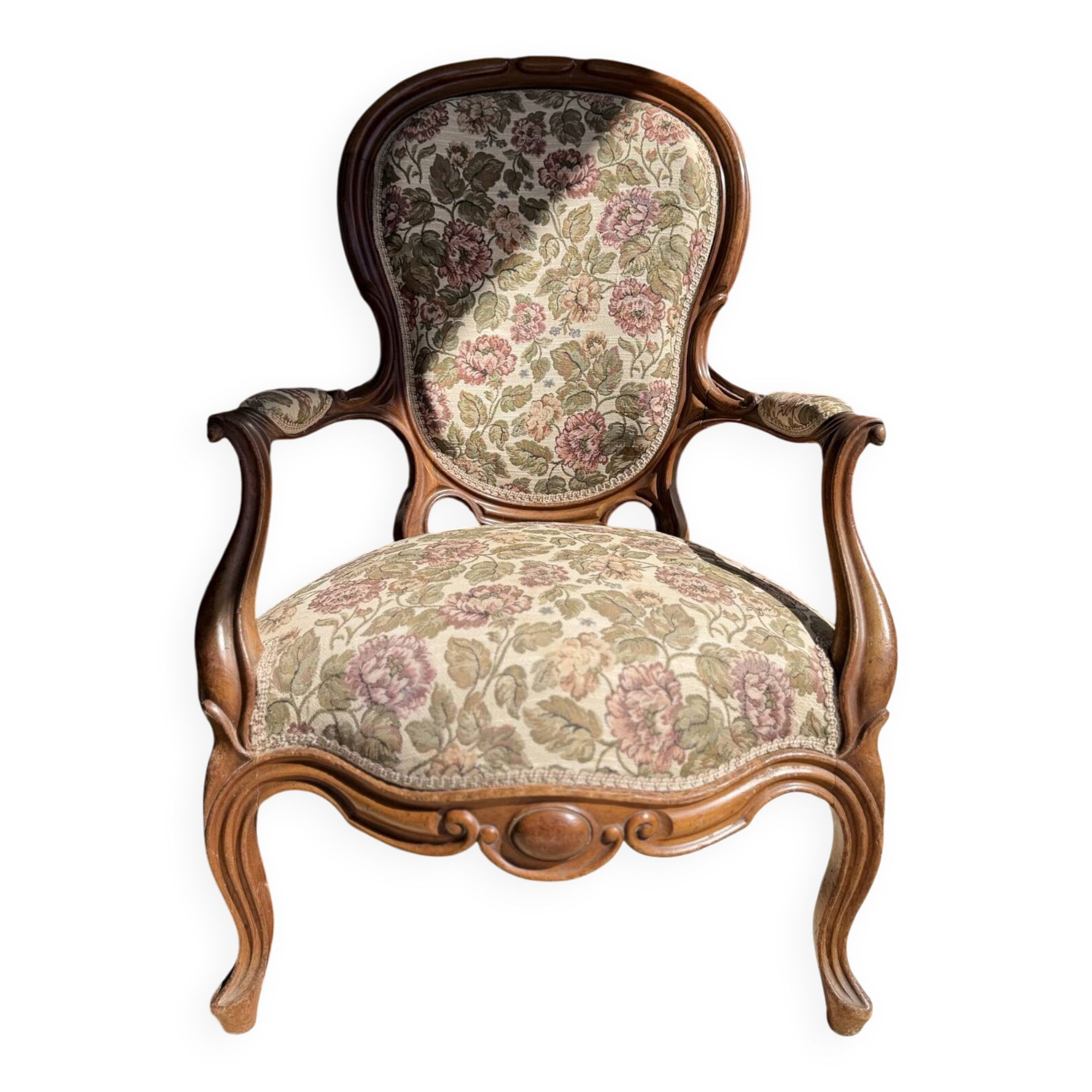 Antique Louis XV cabriolet armchair - floral fabric