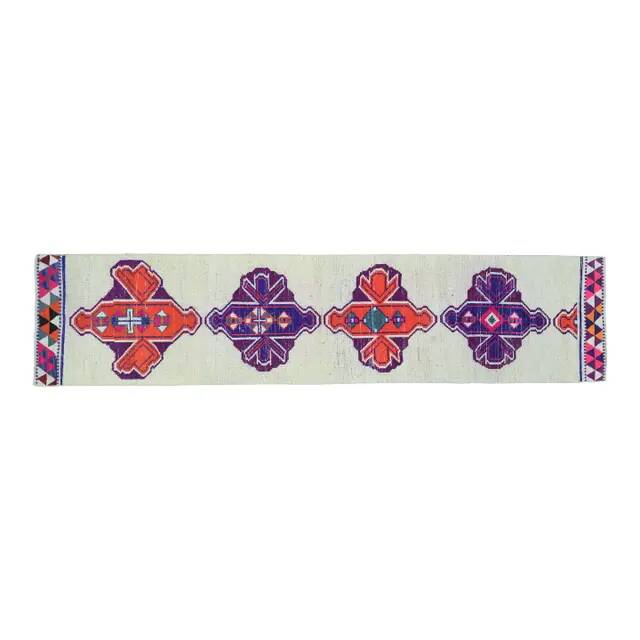 1970s Vintage Turkish Oushak Handmade Wool Cotton White Runner Rug 75x336