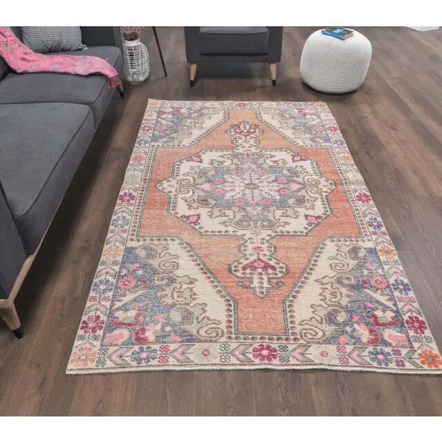 Vintage Turkish hand-knotted geometric runner 132x221