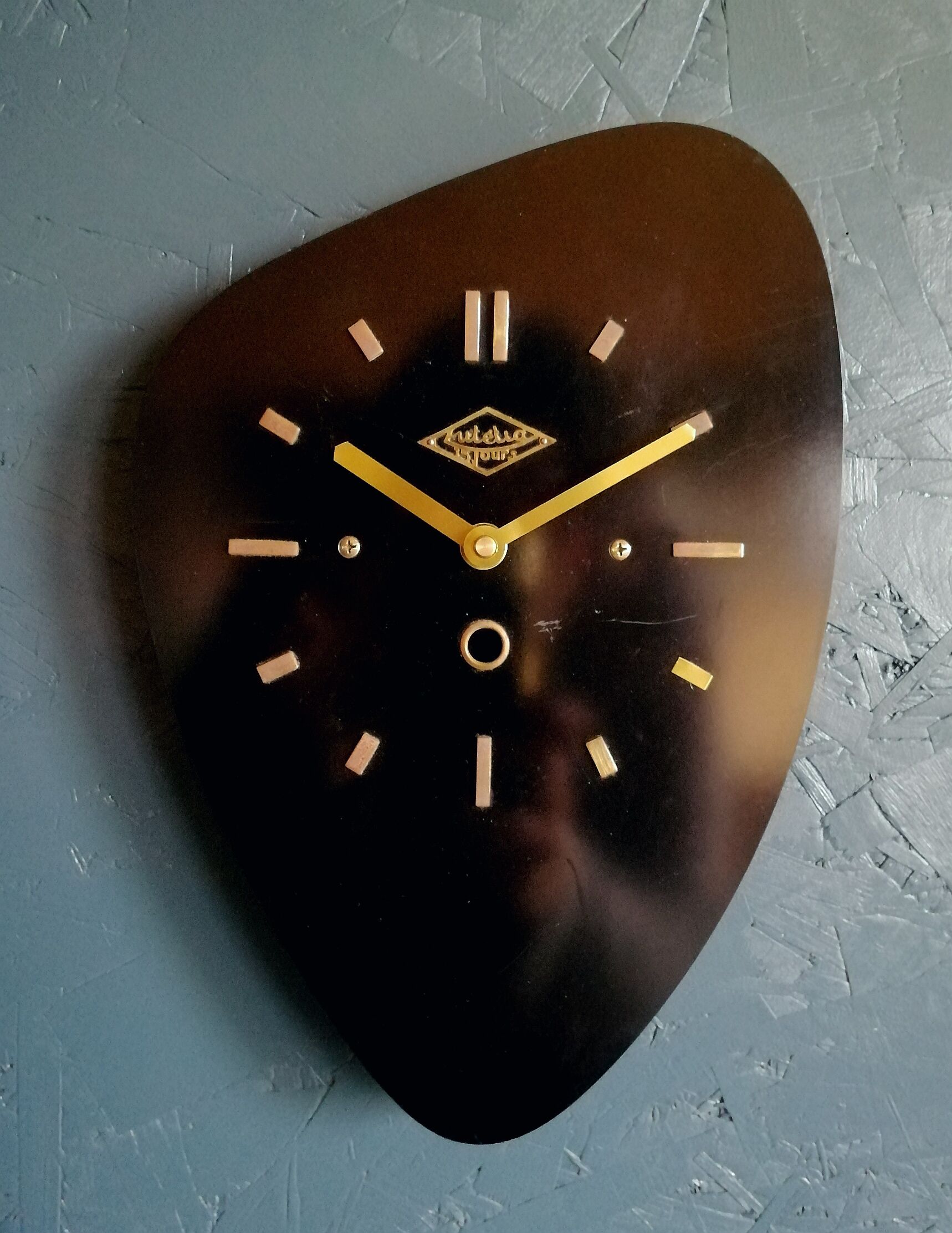 Vintage formica clock asymmetrical silent wall clock "Black Lutecia"