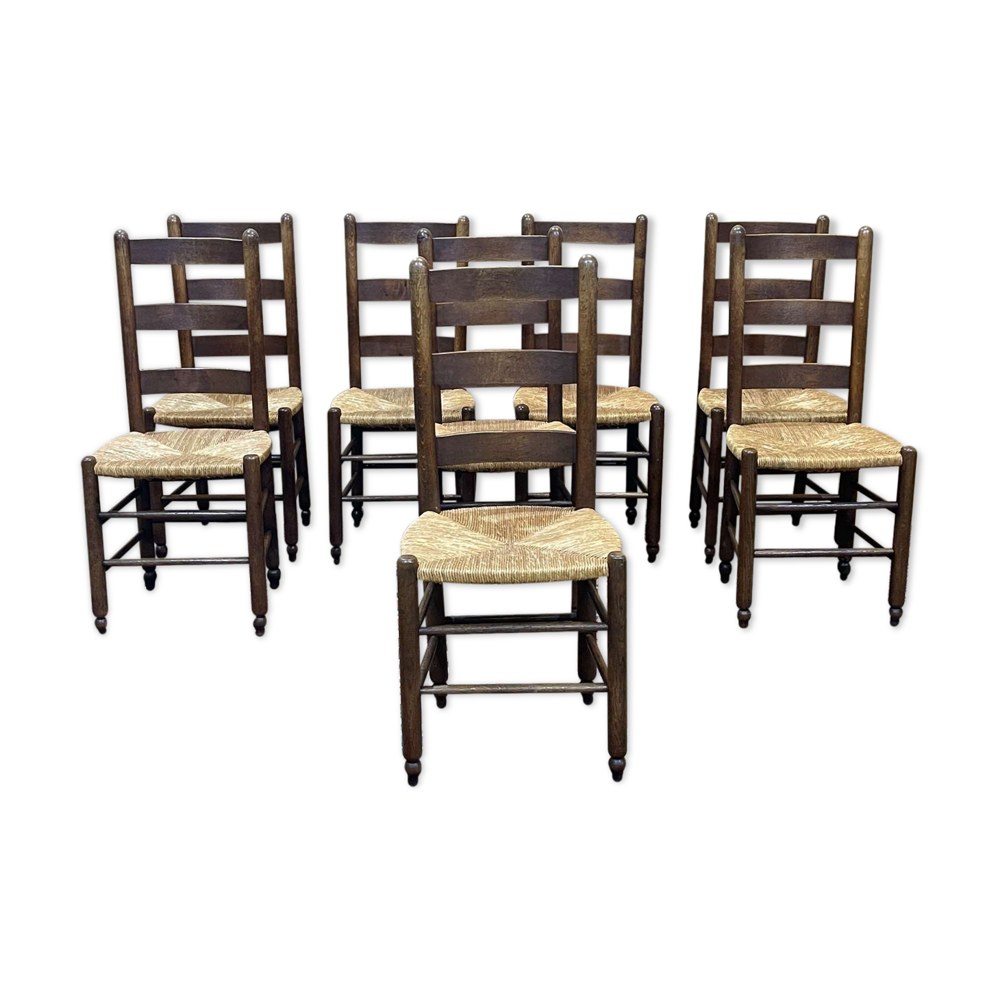 Suite of 8 oak chairs and straw seats - 1950s work