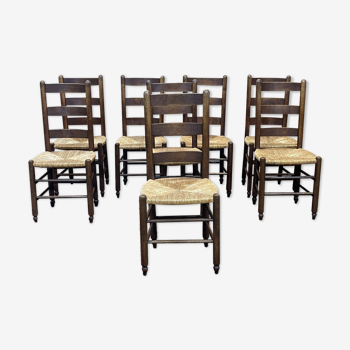 Suite of 8 oak chairs and straw seats - 1950s work