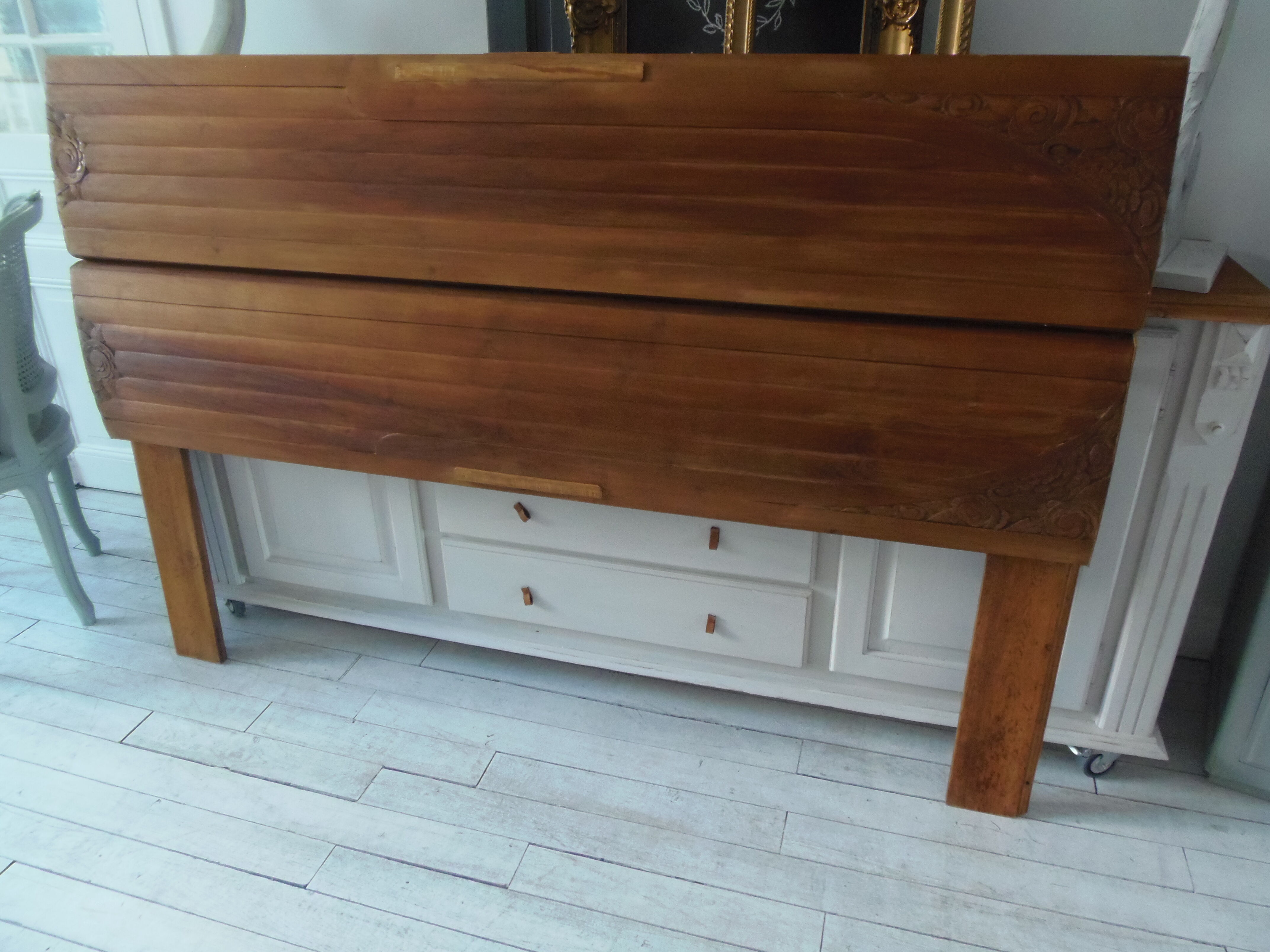 Headboard made with two art nouveau doors in walnut, waxed finish,
