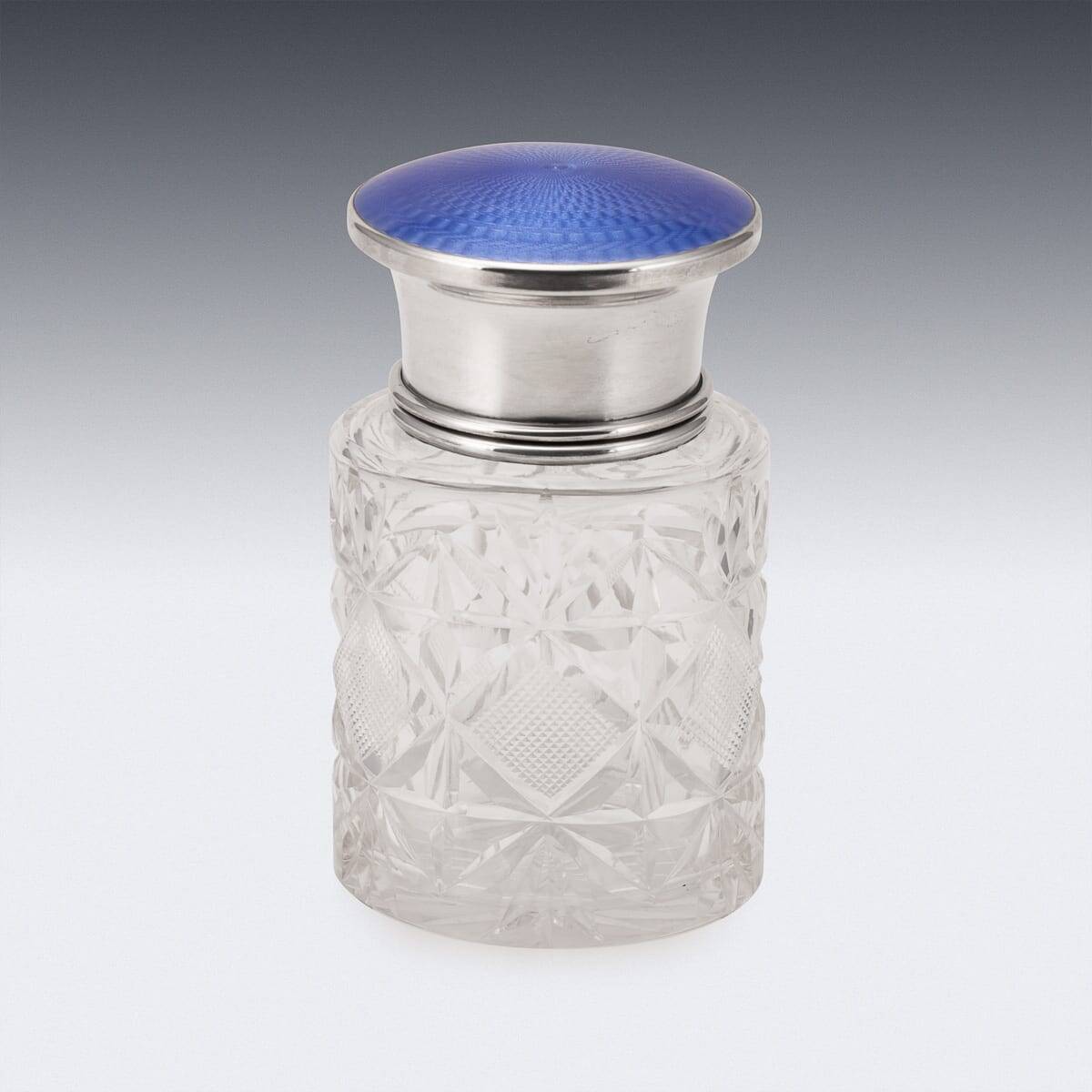Bocal en cristal taillé, en argent massif anglais du 20e siècle, émaillé guilloché.