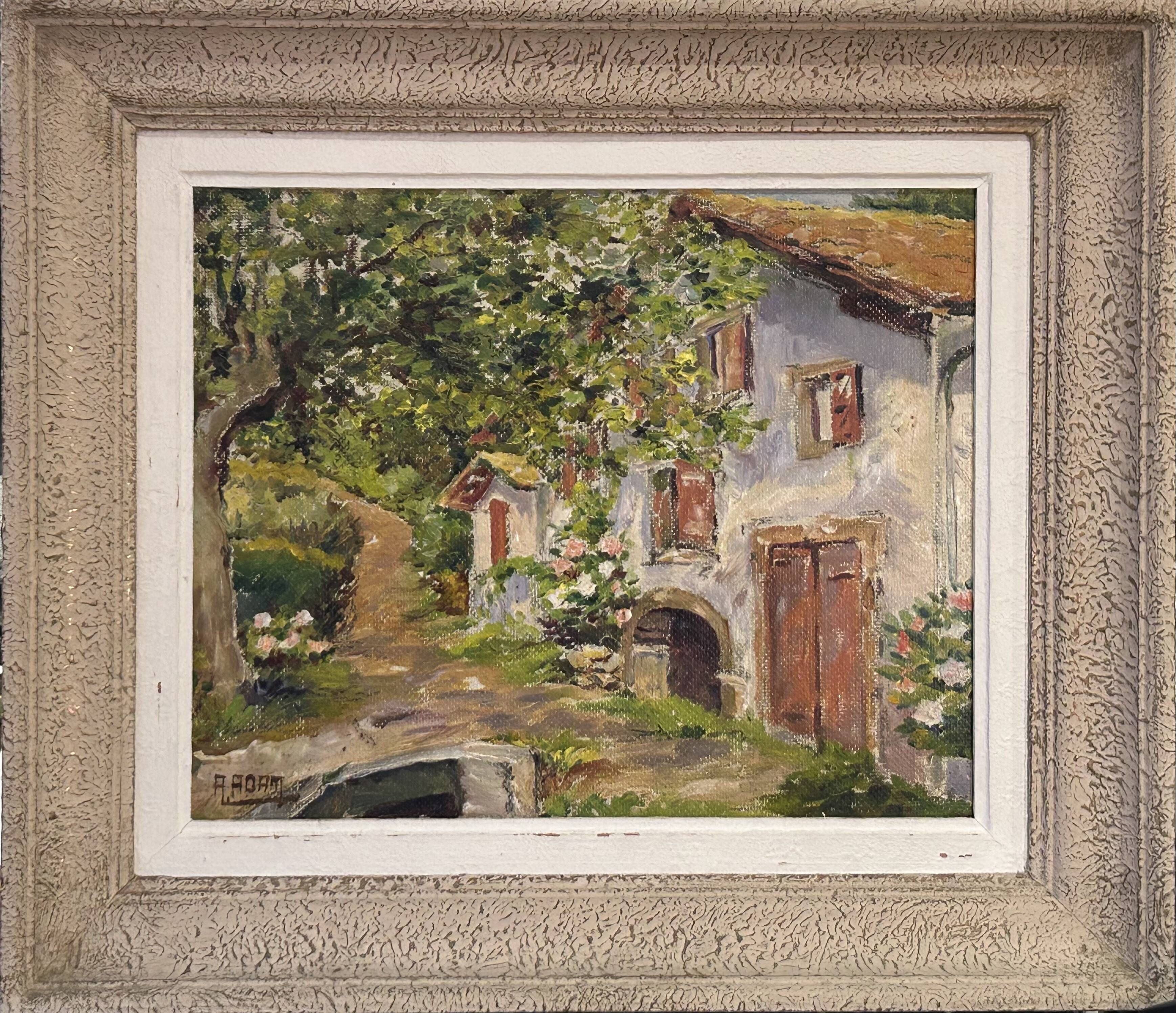 Oil on panel View of a villa in the South of France signed A. Adam circa 19