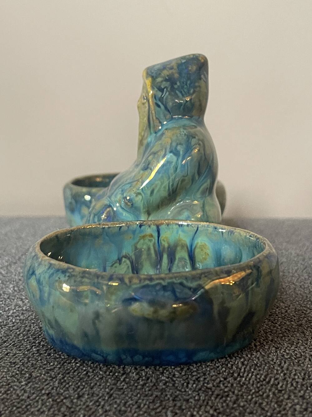 SALERON DOUBLE MONK IN FLAMED STONEWARE FROM RAMBERVILLERS TABLE ART