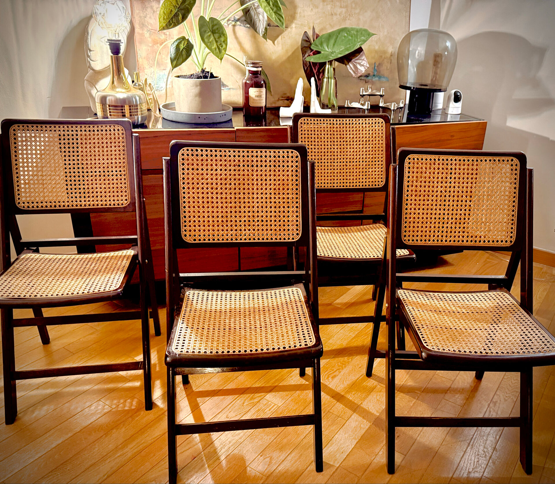 vintage wooden folding chairs with caning