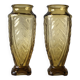 Duo of art deco vases in yellow glass with scroll patterns