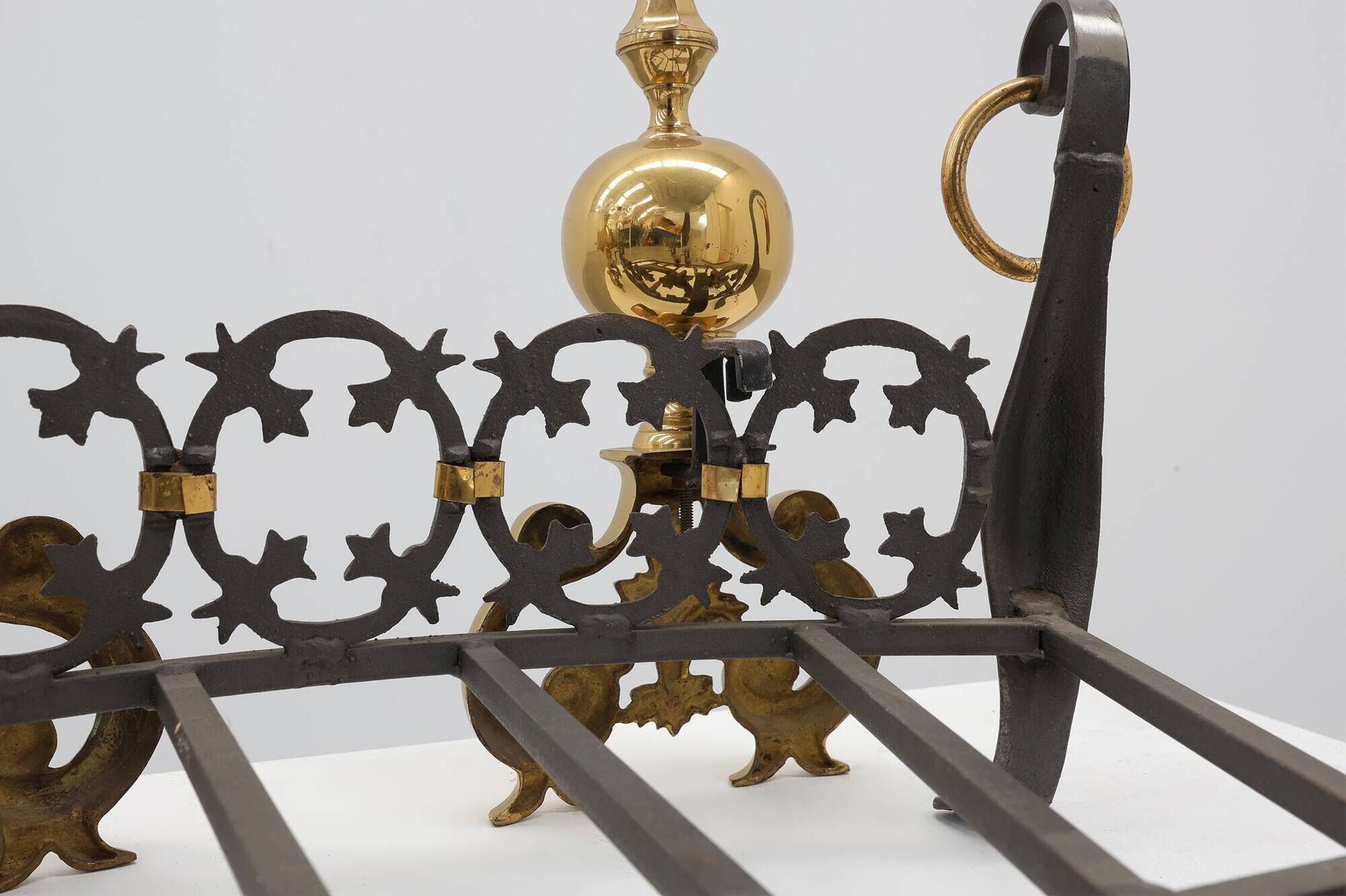 Pair of French Brass Firedogs and Wrought Iron Fireplace Grate, 20th Centur