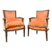 Paire De Bergères Dossier Trapèze En Noyer D’époque Louis XVI XVIII Eme Siècle