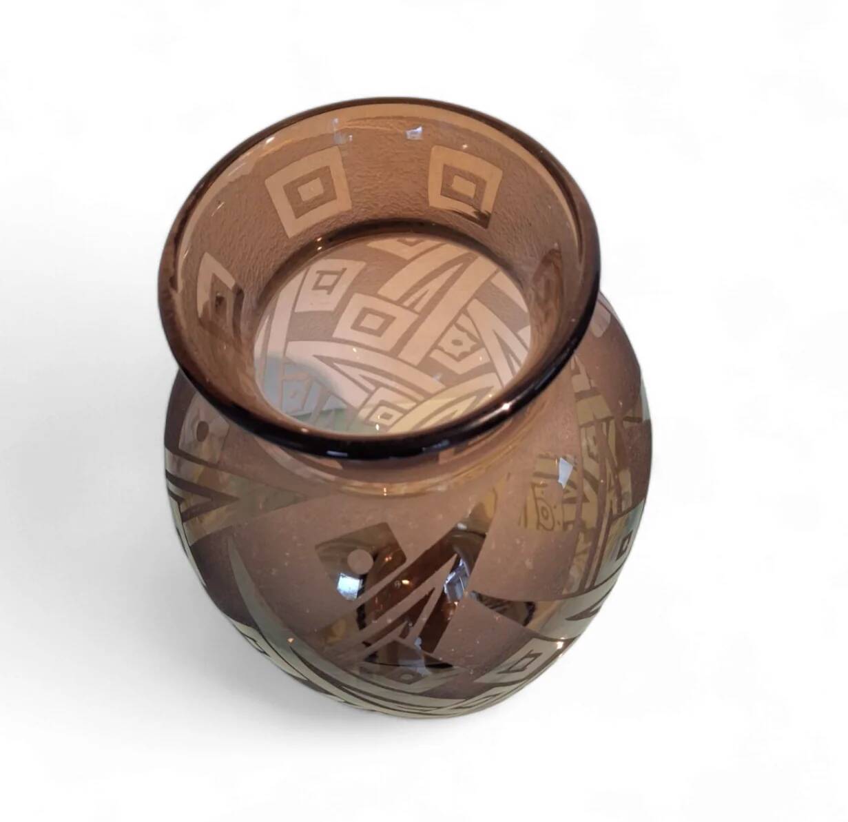 Art Deco vase in acid-etched smoked geometric glass by Daum Nancy France