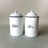 Pair of old large enameled sheet metal condiment pots