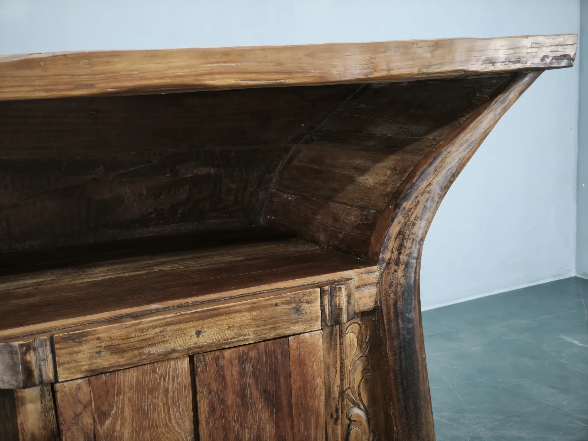 1970s Asian Rustic Solid Wood Console Table, Hand-Carved Primitive Sideboar