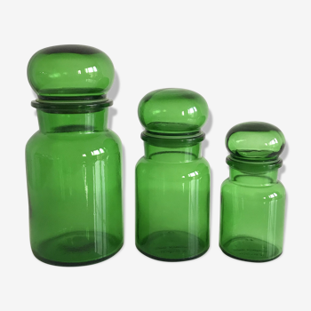 Set of 3 green glass spice jars from the 70s