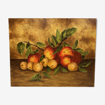 Table with apples, plums and apricots