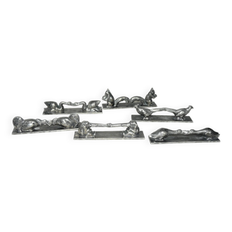 Set of 6 pewter knife rests in the shape of art deco animals