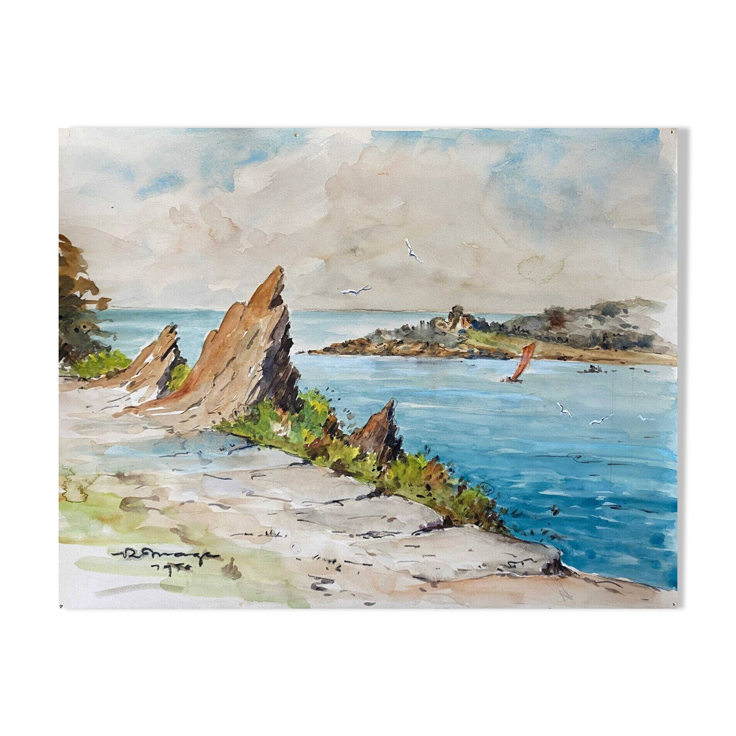 Watercolor Painting Seaside with signed sailboat dated 1950 Basque Country