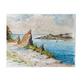 Tableau Aquarelle Bord de mer avec voilier signé daté de 1950 Pays Basque
