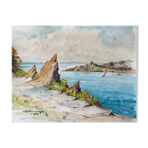 Watercolor Painting Seaside with signed sailboat dated 1950 Basque Country