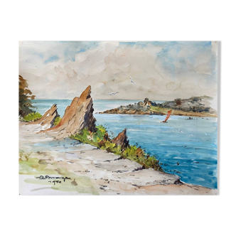 Tableau Aquarelle Bord de mer avec voilier signé daté de 1950 Pays Basque