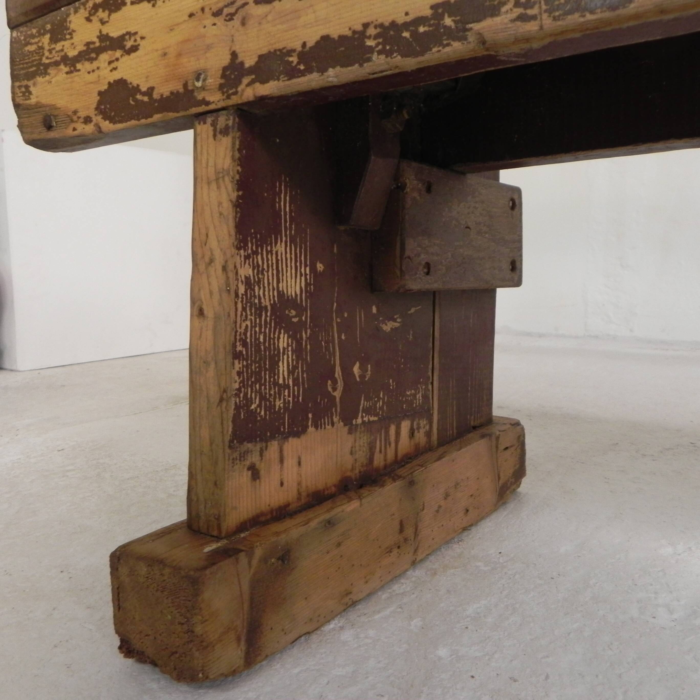 Pine bench with backrest, 2.5 metres long, 1950s.