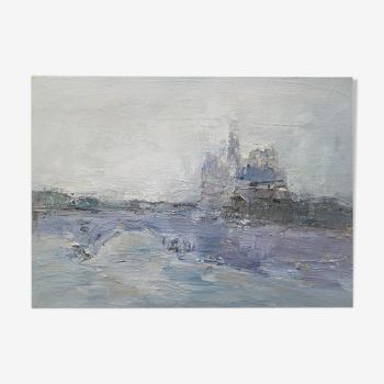 Painting by Nagao USUI: "View of Paris, apparition of Notre Dame Cathedral"