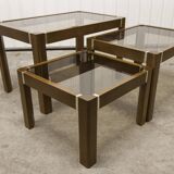 Set of 3 elm and smoked glass nesting tables 1970