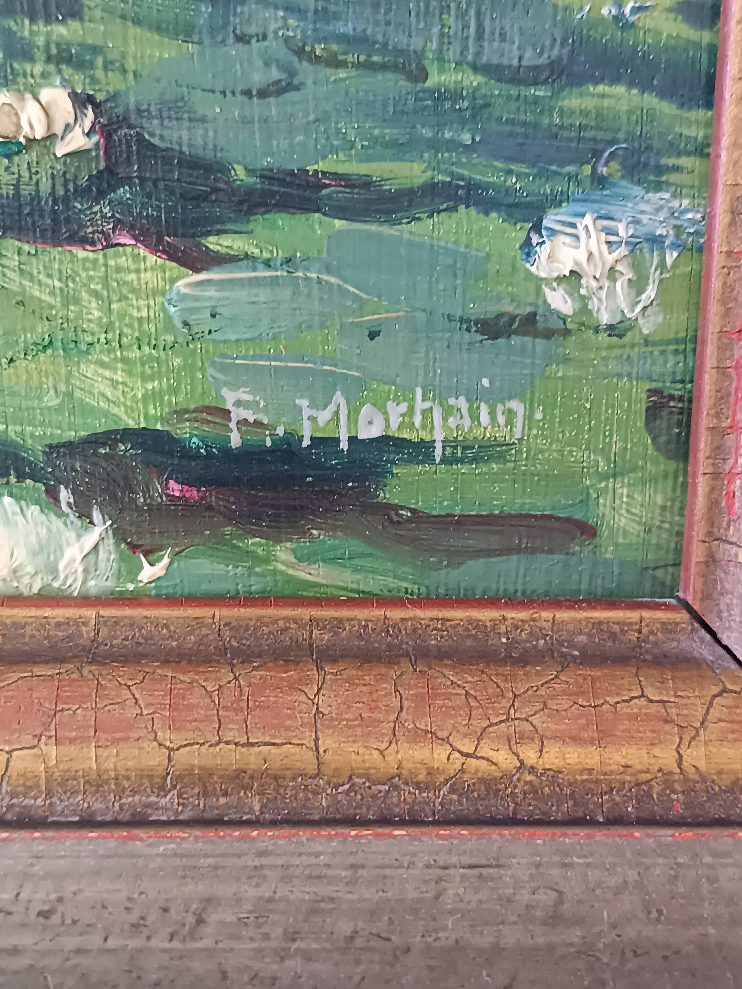 Original oil painting of a landscape with a pond and water lilies by Albert Morhain, 1930.