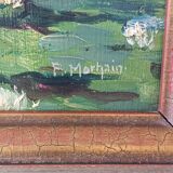 Original oil painting of a landscape with a pond and water lilies by Albert Morhain, 1930.