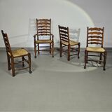 4 chaises à dossier échelle / 1 accoudoir / avec coussins en jonc