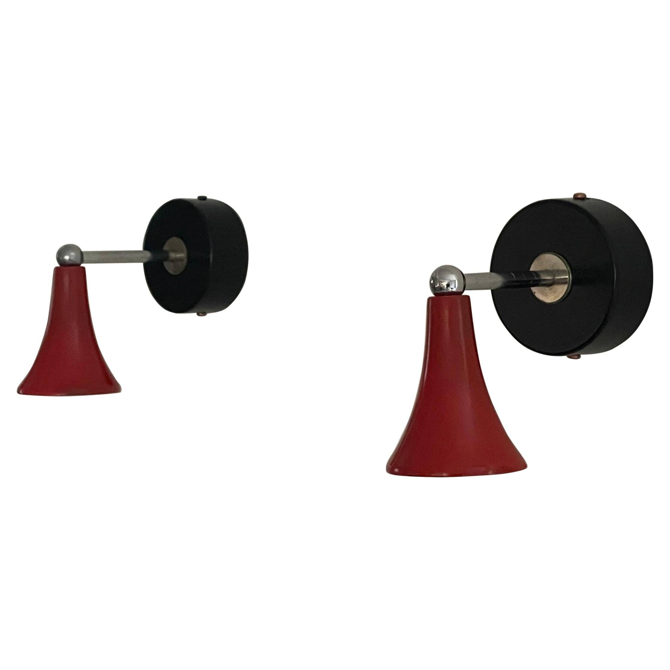 Pair of red metal wall lights AGE, 1970s, Italy