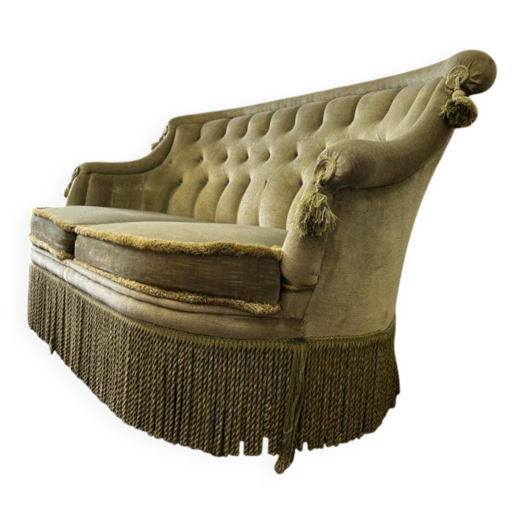 Vintage green two-seater sofa with fringes