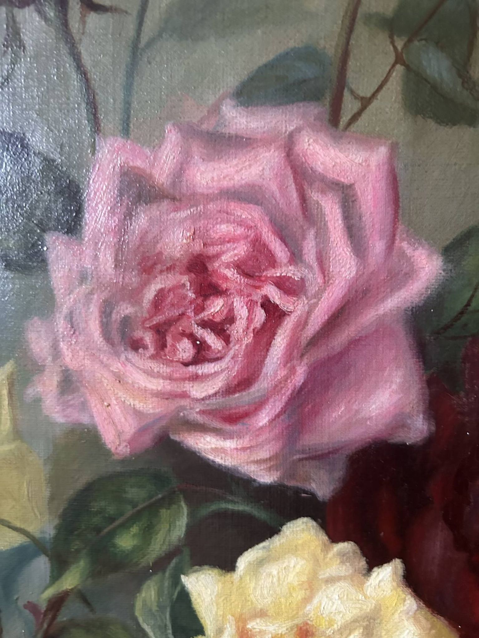 Large antique painting with roses – Oil on canvas from the 1900s – 40 x 102 cm – a large decorative format