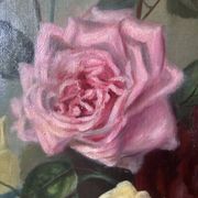 Large antique painting with roses – Oil on canvas from the 1900s – 40 x 102 cm – a large decorative format