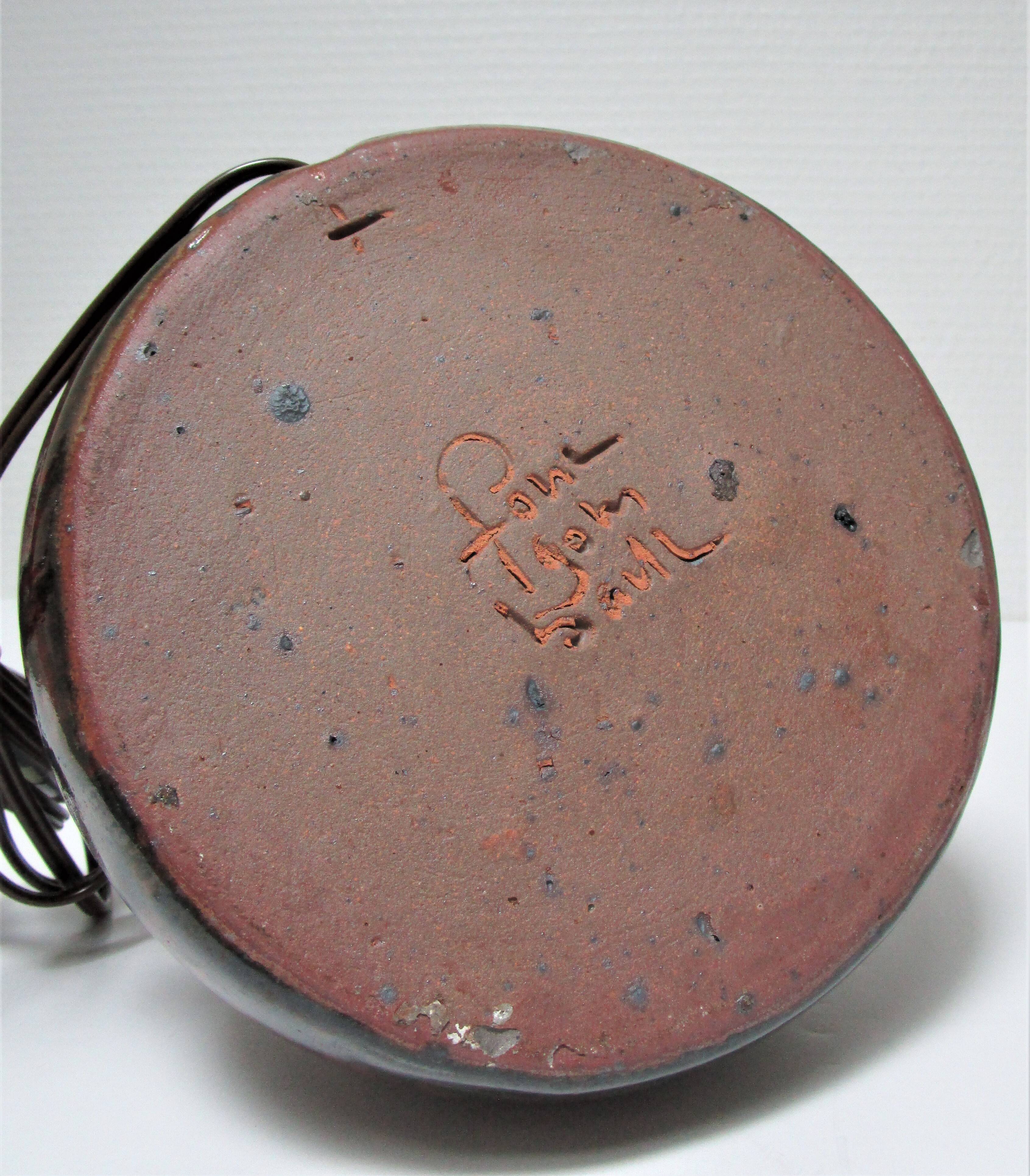 Enameled sandstone lamp base signed 70s