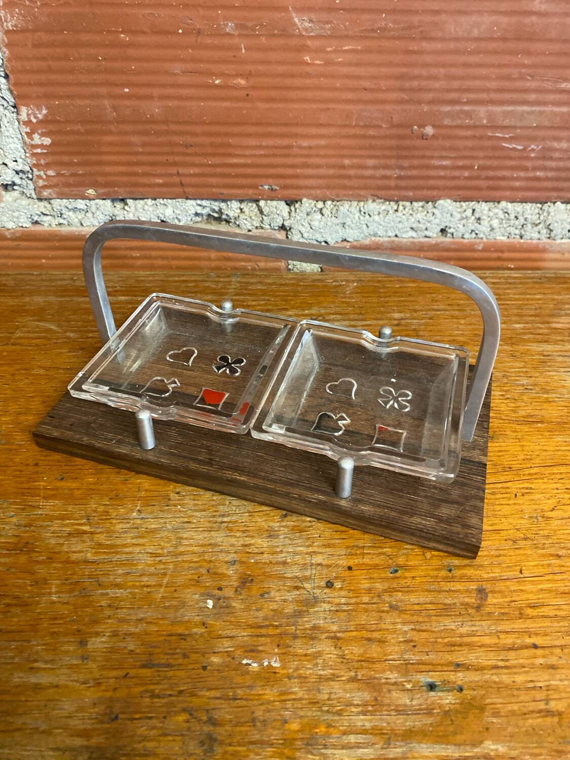 Antique molded glass ashtray + wooden stand & vintage chrome handle