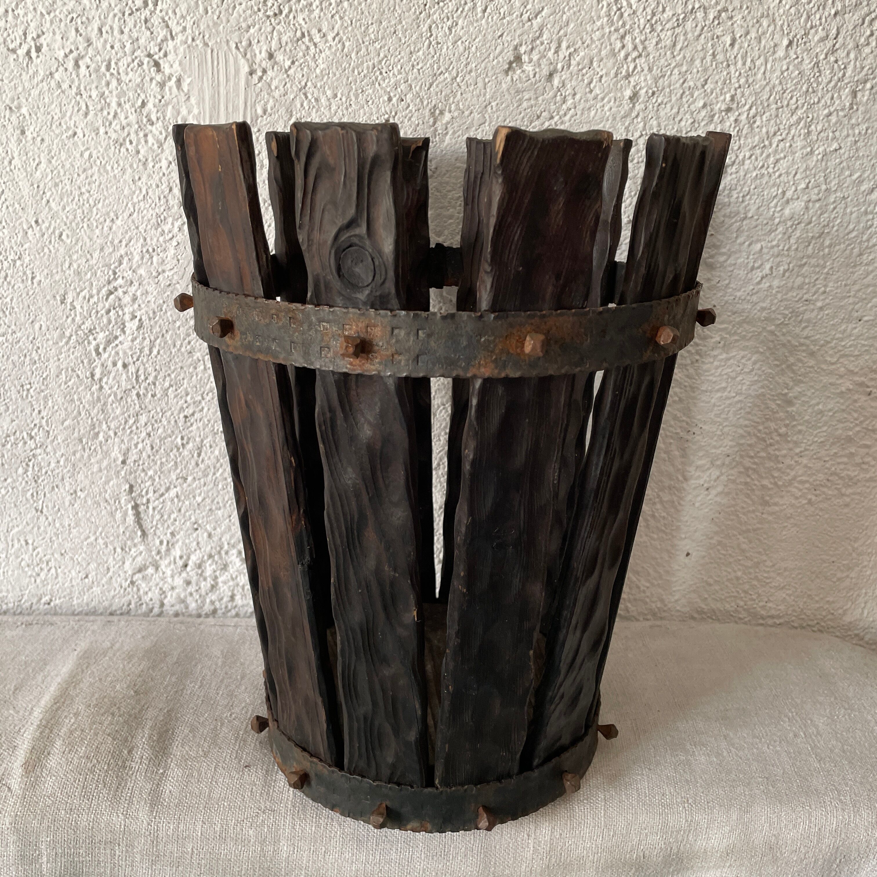 Brutalist basket wood and wrought iron 1950/1960