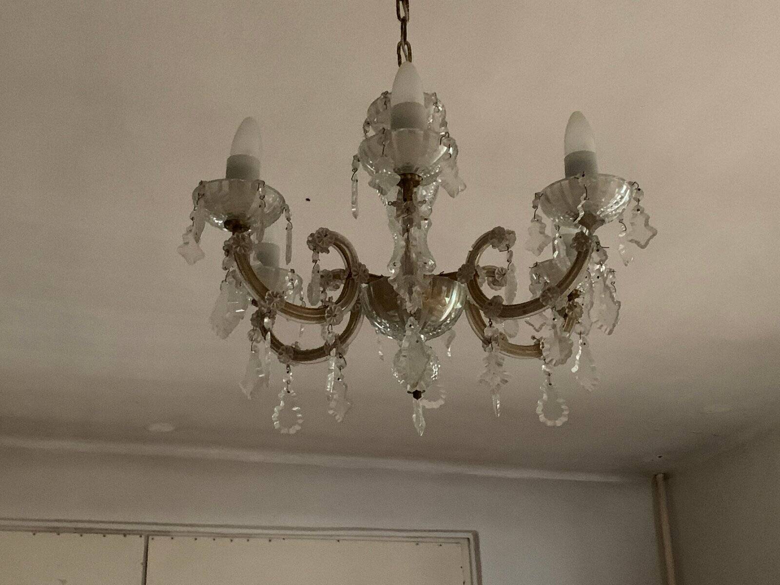 Vintage ceiling light with transparent glass pendants and patinated gold metal, 1960s.