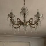 Vintage ceiling light with transparent glass pendants and patinated gold metal, 1960s.