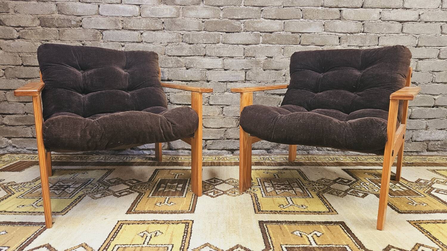 Pair of Yngve Ekström pine armchairs, 1970s