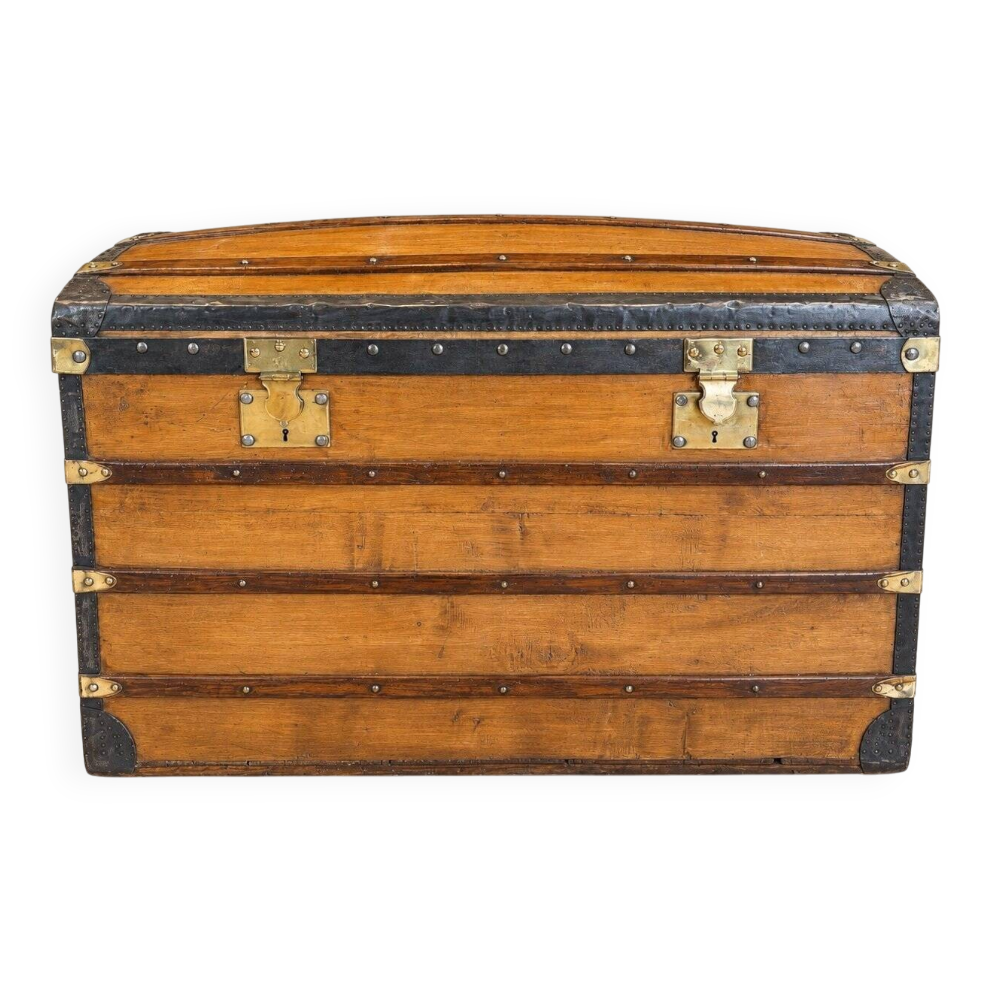 19th Century Domed Travel Trunk – Wood, Brass, Leather – Restored