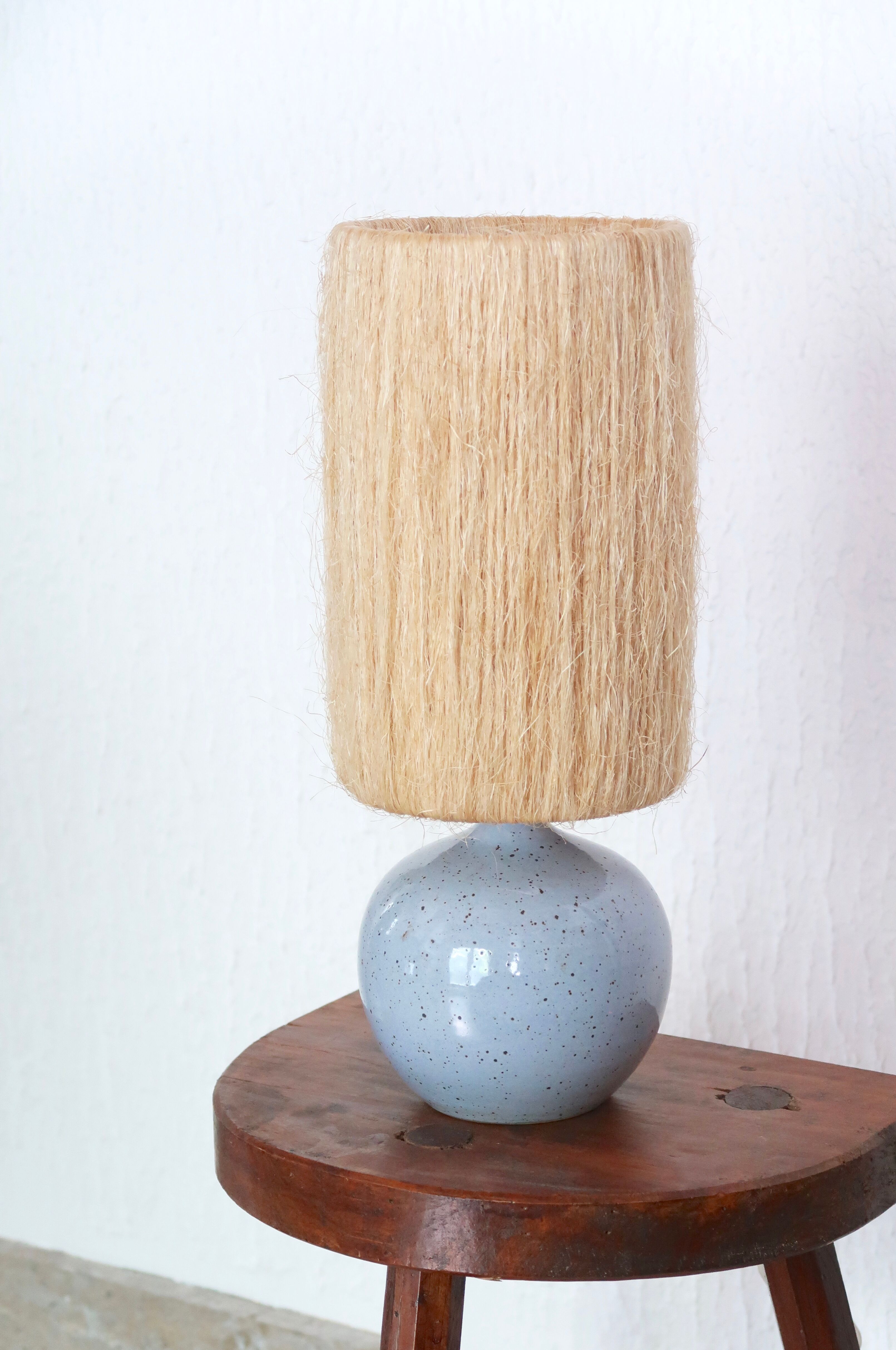 Blue ceramic lamp, hemp lampshade, 60s