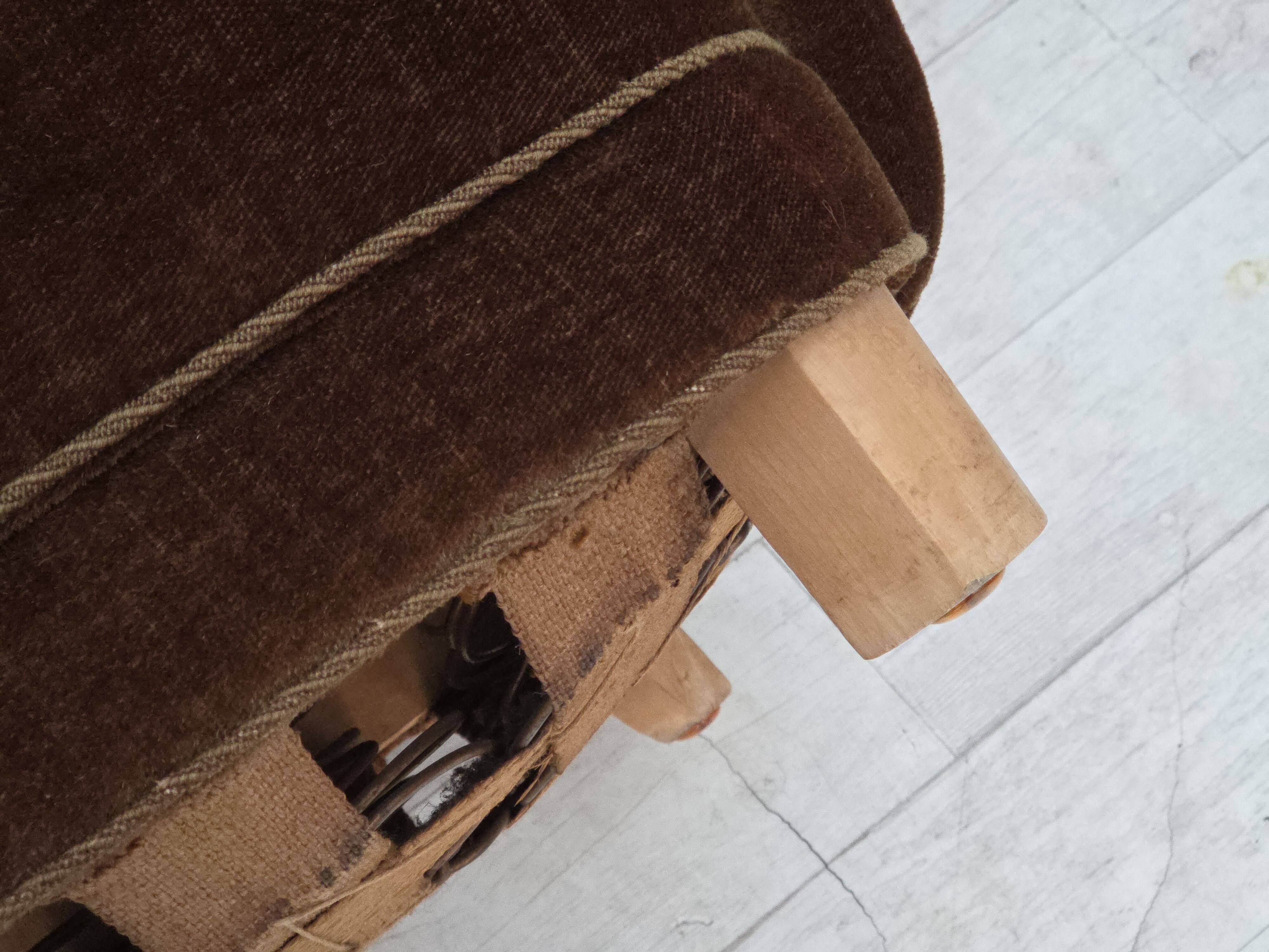 1960s, Danish curved chair, brown furniture velour.