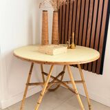 Vintage round tripod side table in rattan