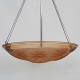 Lustre degue, suspension vasque art déco un feu, en pâte de verre rose, signé degué