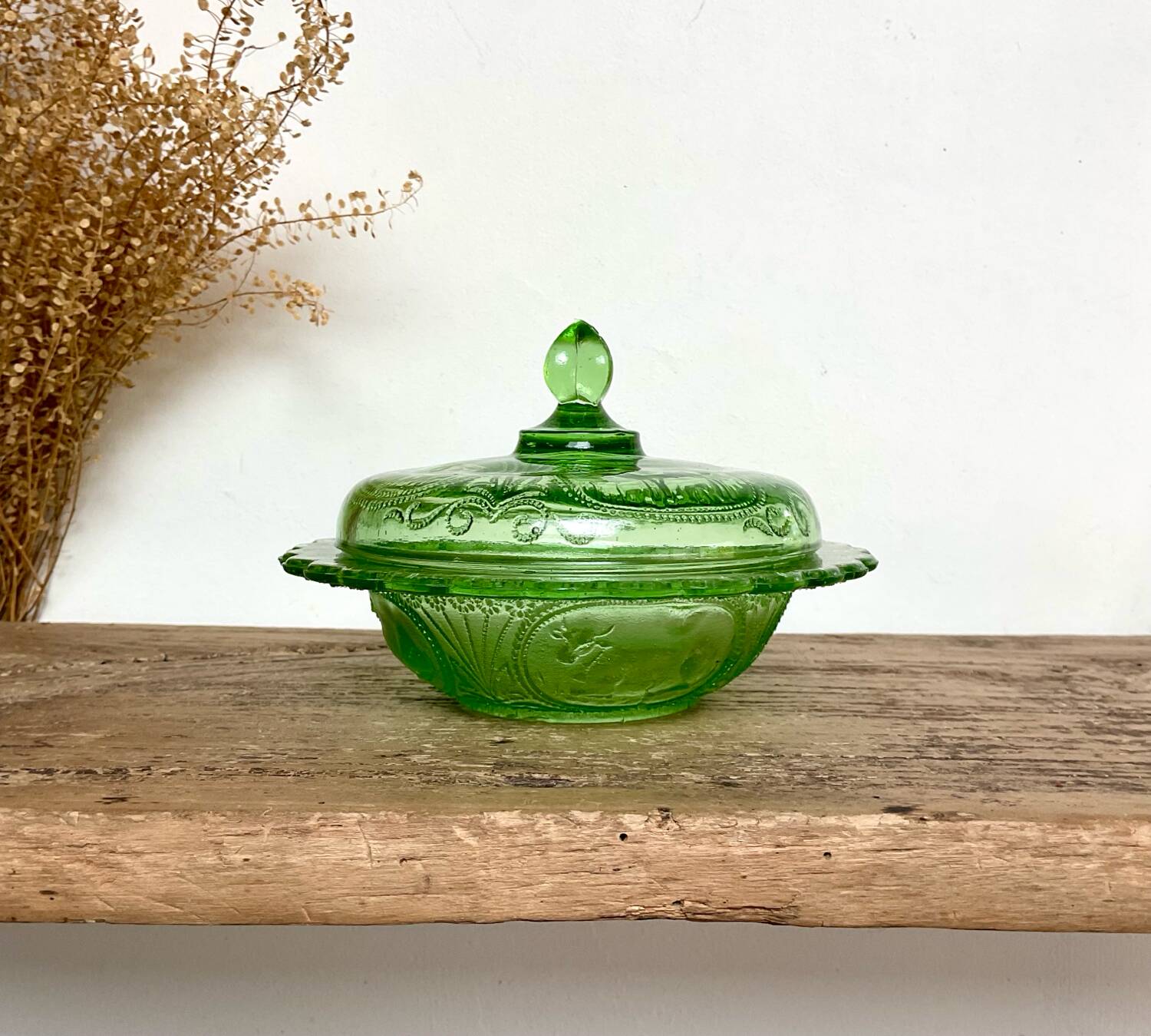 Green glass butter dish