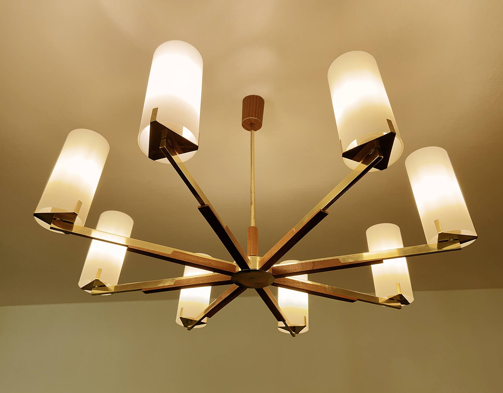 Grande suspension scandinave, teck, laiton et verre